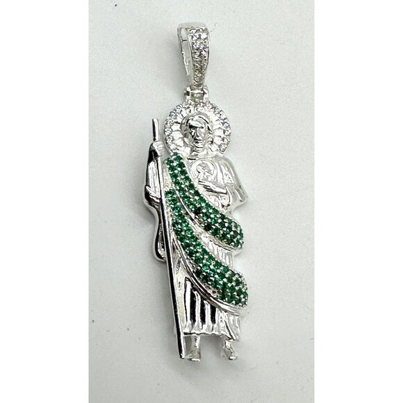 925 Sterling Silver Pendant Unisex St Jude San Judas Tadeo Green & White CZ Ston - Picture 1 of 6